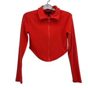 Forever 21 Top Small Orange Red Ribbed Zip Up Cropped Curved Hem Long Sleeve